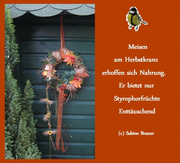 Bildgedicht: Meisen am Herbstkranz